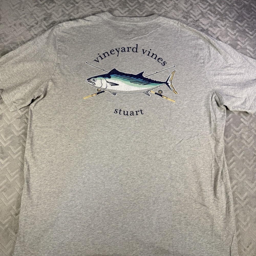 Vineyard Vines Men Stuart Painted Tuna Fish Pocket T-Shirt Gray Cotton XL